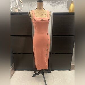 Rose pink fitted midi dress with side slit, never worn, size small, sexy fit